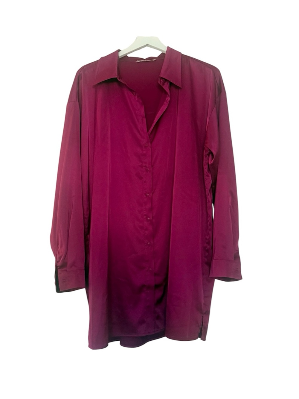 12th Tribe Hot Pink Satin Shiny Shirt Dress Button Down Collared Mini Large